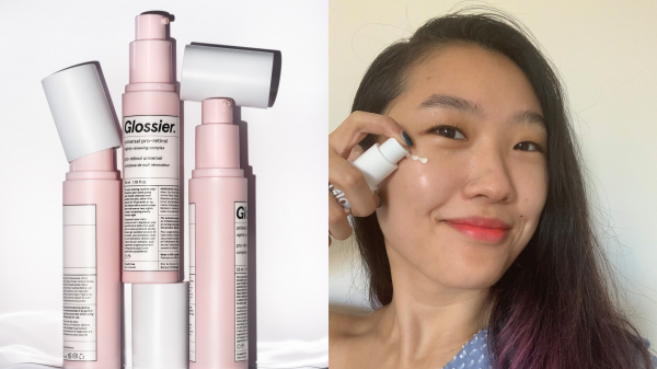 A diptych of three bottles of Glossier Universal ProRetinol on an offwhite background and a selfie of Allure senior...