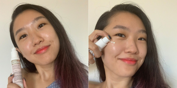 A diptych of two selfies of Allure senior commerce writer Sarah Han holding wearing and applying Glossier Universal...